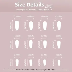 Detailed size chart for short T-shaped matte pink gradient press-on nails with dimensions