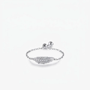 925 Sterling Silver Feather Adjustable Chain Ring With Cubic Zirconia Sparkly Dainty Jewelry For Women