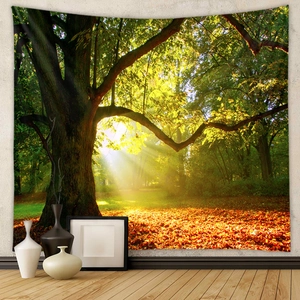 Detail of forest wall tapestry featuring autumn trees and sunlight in a cozy room decor
