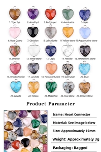 Detailed chart of 15mm heart-shaped gemstone pendants with metal bezel and size parameters