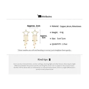 Detailed specs of zircon star tassel earrings in copper and 925 silver needle
