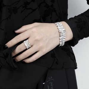 S925 sterling silver pleated cuff bracelet with diamond accents in irregular wavy design