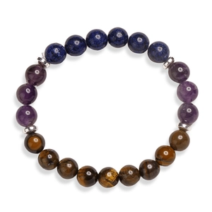 Natural 8mm stone bead bracelet featuring tiger eye and amethyst with silver spacers