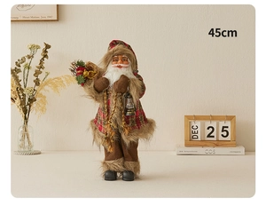 Close-up of a 45cm standing Santa Claus figurine with faux fur trim and holiday accessories