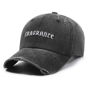Vintage washed charcoal cotton baseball cap with white gothic FRAGRANCE embroidery and distressing