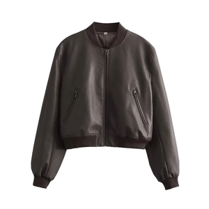 Vintage dark brown faux leather bomber jacket with ribbed collar and zip closure