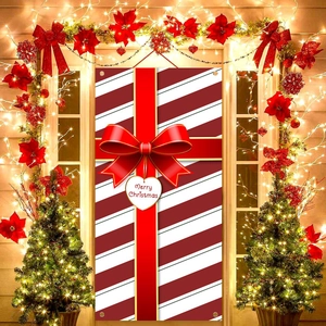 Christmas Door Banner Red White Striped Polyester Flag With Bow Merry Christmas Outdoor Garden Yard Decoration Holiday Home