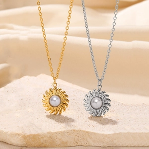 Elegant stainless steel sunflower pearl pendant necklace in gold and silver finishes