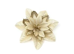 Detailed view of champagne gold artificial Christmas flower with glitter edges