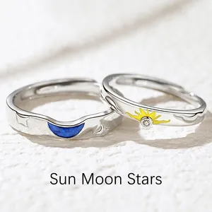Sun Moon Couple Rings Copper Enamel Cubic Zirconia Adjustable Open Ring Lovers Gift Trendy Jewelry