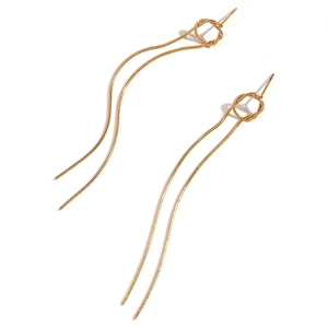 Minimalist 18K gold plated stainless steel snake chain tassel earrings on white background
