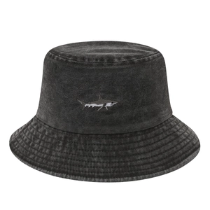 Classic black washed denim bucket hat featuring a detailed small shark embroidery
