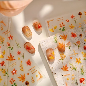 Pegatinas De Arte De Uñas Hojas De Otoño Champiñones Acuarela Vintage PET Retro Calcomanías Decoración De Manicura
