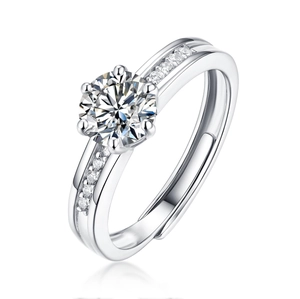 Silver moissanite ring with six-prong setting and adjustable open band design