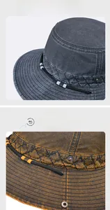 Détail d'un chapeau en jean lavé vintage avec boucles en cuivre et corde tressée
