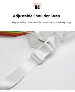 Detailed shot of white adjustable shoulder strap and plastic buckle on clear PVC beach bag