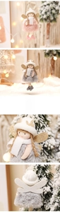 Detail of plush Christmas angel ornaments with knitted hats and gold glitter wings