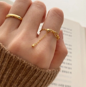 Minimalist 925 silver rings set with chain fringe and metal ball in gold finish