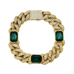 Bracciale Cuban dorato Hip-hop con micro-pave di cristalli chiari e pietre verde smeraldo