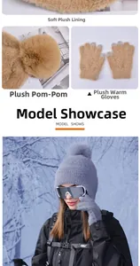 Detail of warm winter set showing plush lining and touchscreen-friendly gloves on snow