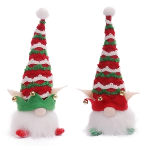 Christmas LED gnome plush set with striped knit hats and bells on white background