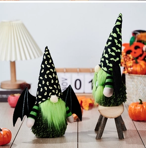 Detail of two Halloween gnomes with green beards and bat wings for festive decoration