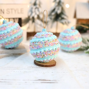Set of 3 8cm macaron blue Christmas foam balls with colorful bead and gold string wrap