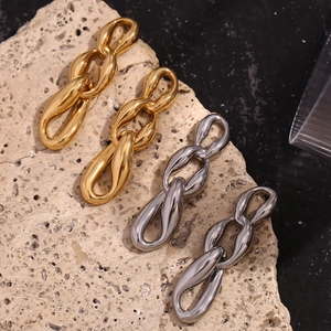 Detailed view of irregular triple-ring chain earrings in gold and silver steel finish