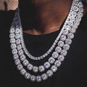 Mens S925 sterling silver moissanite layered necklace with large square cut diamonds