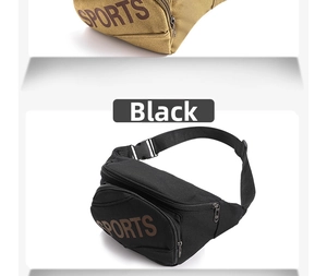 Detail view of the black canvas waist bag with sports logo and adjustable buckle strap