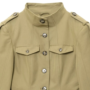 Khaki utilitarian jacket featuring detailed lapels, epaulettes, and front flap pockets