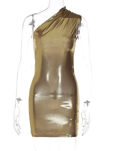 Detail of gold metallic one-shoulder bodycon dress with shiny reflective fabric texture