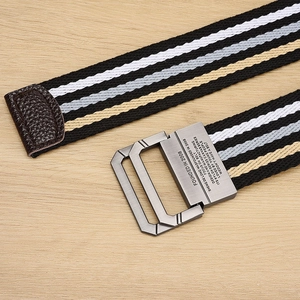 Elastic woven canvas belt with multi-color stripes and metal double ring buckle