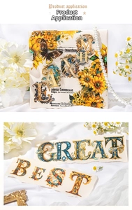 Baroque art PET stickers with vintage letters, sunflowers, and butterflies on a white gift box