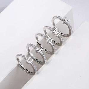 Adjustable silver letter rings with micro-paved zircons E J Q M V initial jewelry
