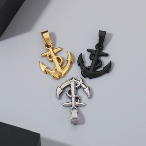 Three anchor pendants in gold, silver, and black stainless steel for men