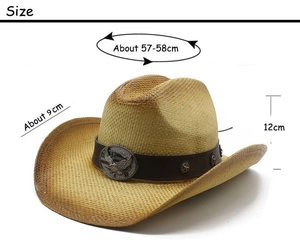 Detail view of straw cowboy hat showing 57-58cm size dimensions and eagle badge