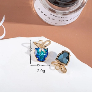 Golden bow crystal butterfly stud earrings with blue faceted stones 20x15mm