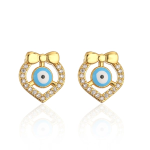 Close-up of 18K gold plated heart earrings with zircon and blue evil eye detail