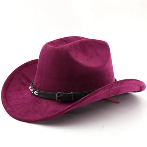 Close-up of purple faux suede cowboy hat with vintage belt strap and buckle detail