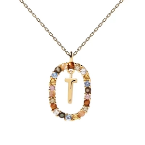 Detail of gold oval pendant with colorful zircons and metal letter T hanging in center