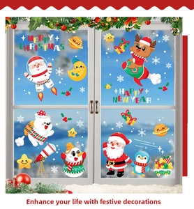 Christmas window stickers with cartoon Santa astronaut and reindeer on glass window