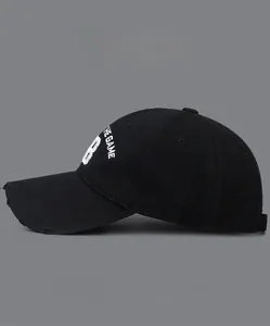 Detail of embroidered number 28 baseball cap with distressed brim and street style finish