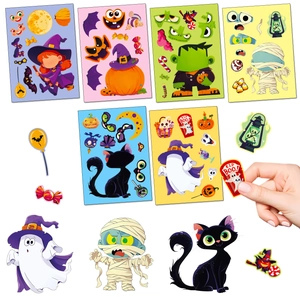 Detail showing various Halloween ghost stickers and hands holding puzzle pieces for size