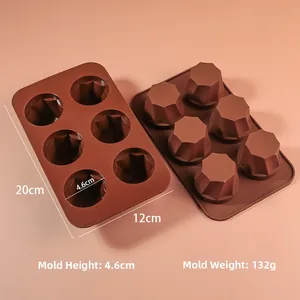 Detailed size view of a 6-cup brown silicone mold featuring geometric polyhedron shapes