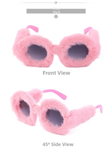 Detailed views of pink plush round sunglasses with grey gradient lenses at multiple angles