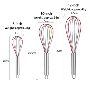Three sizes of silicone whisks with stainless steel handles shown with detailed measurements