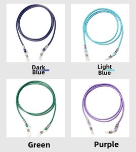Detail of colorful braided eyewear cords in blue, green, and purple with silicone loops