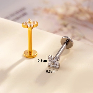 G23 titanium flower labret studs with zircon in gold and silver, 0.3cm head size