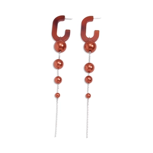 Exaggerated retro acrylic oval tassel earrings with brown resin and metallic beads